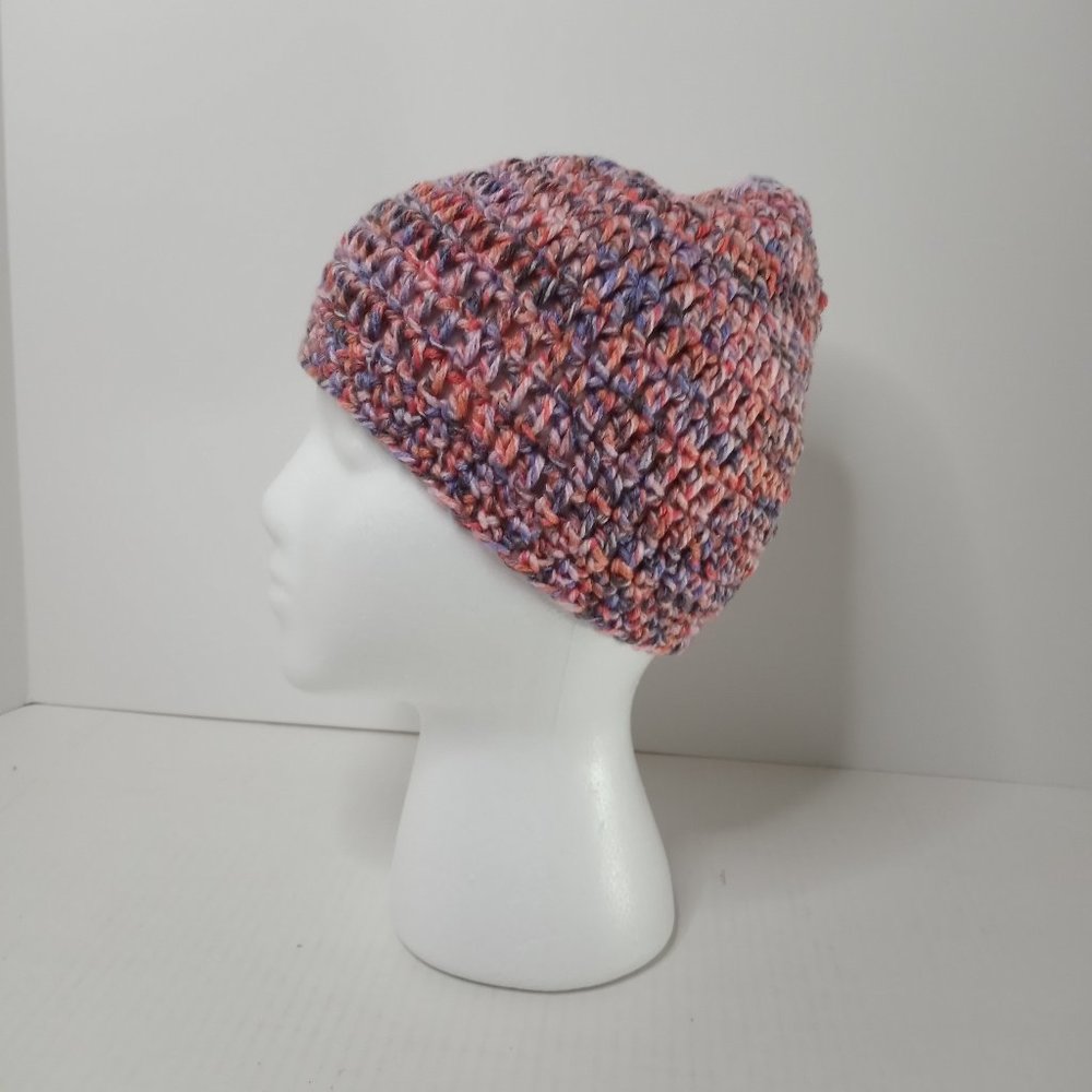 Handmade Unisex Crochet Knitted Beanie Hat Gray/Orange/White 9"Rx7"D